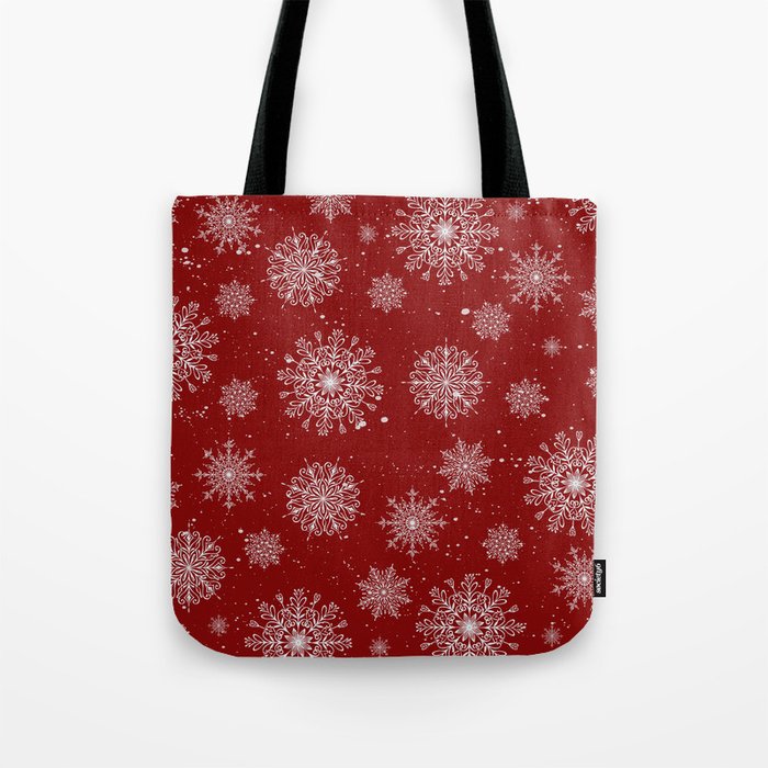Assorted White Snowflakes On Red Background Tote Bag