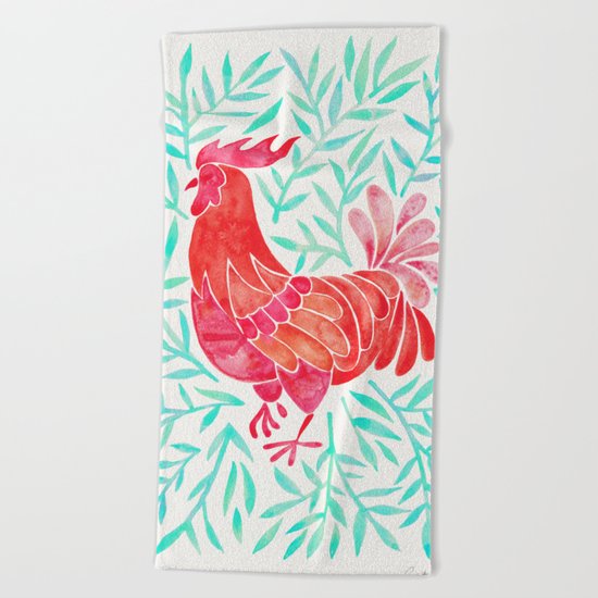 Le Coq – Watercolor Rooster with Mint Leaves Beach Towel