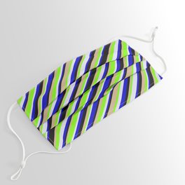 [ Thumbnail: Eye-catching Green, Lavender, Blue, Black, and Tan Colored Lined/Striped Pattern Face Mask ]