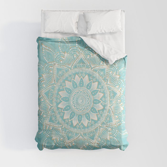 Elegant White Gold Mandala Sky Blue Comforter