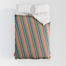 [ Thumbnail: Blue, Green, Sienna & Light Coral Colored Striped/Lined Pattern Comforter ]