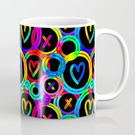 Funky neon rainbow gradient circles pattern with hearts and x shapes Mug