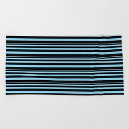 [ Thumbnail: Sky Blue & Black Colored Striped Pattern Beach Towel ]