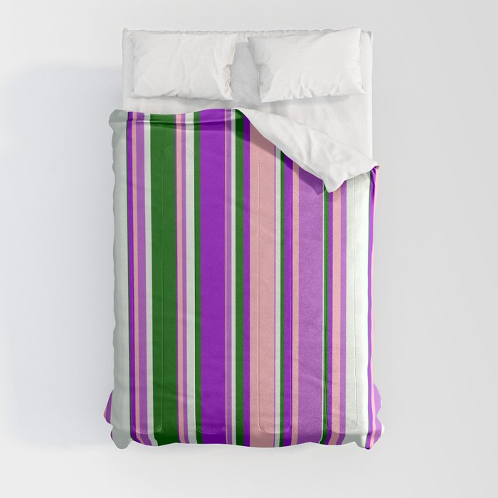 Eyecatching Orchid, Light Pink, Dark Violet, Dark Green & Mint Cream Colored Lines/Stripes Pattern Comforter