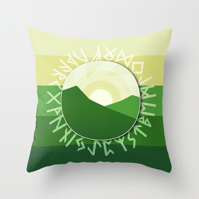 Green Mountains and Sun with Elder Futhark Throw Pillow