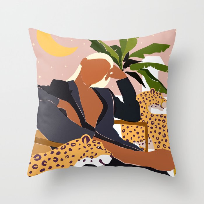 Girl Boss, Woman Empower Feminism Cheetah Illustration, Wild Cat Tiger Boho Leopard Tropical Moon Throw Pillow