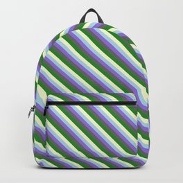[ Thumbnail: Colorful Light Blue, Purple, Dim Grey, Forest Green, and Light Yellow Colored Lined Pattern Backpack ]