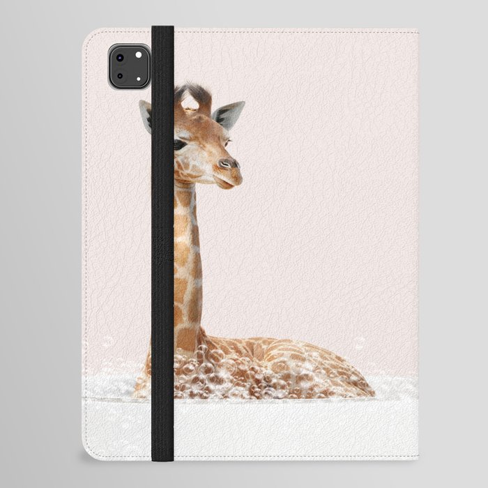 Giraffe in a Bathtub, Giraffe Taking a Bath, Giraffe Bathing, Bathtub Animal Art Print By Synplus iPad Folio Case