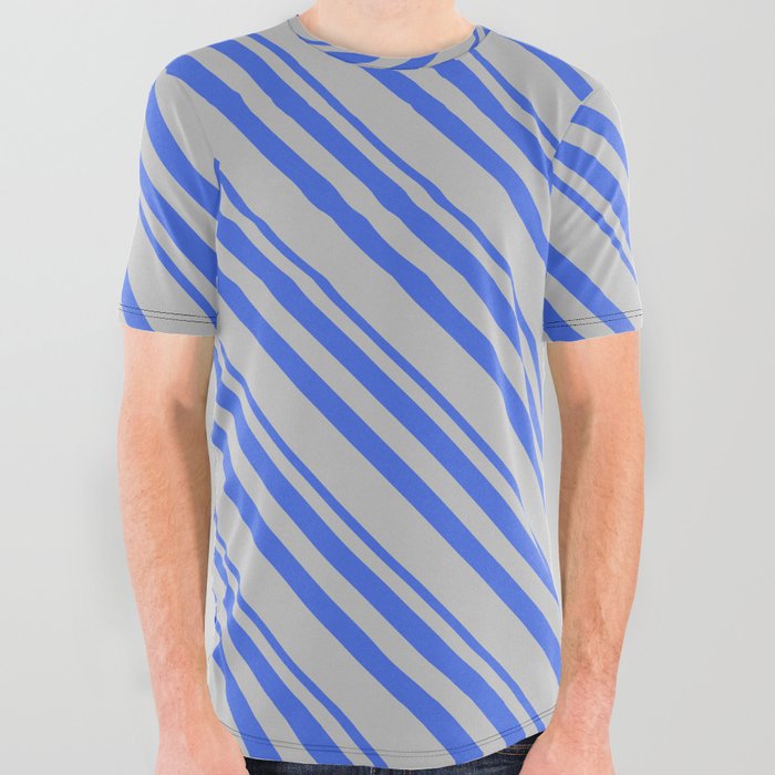 Royal Blue and Grey Colored Pattern of Stripes All Over Graphic Tee