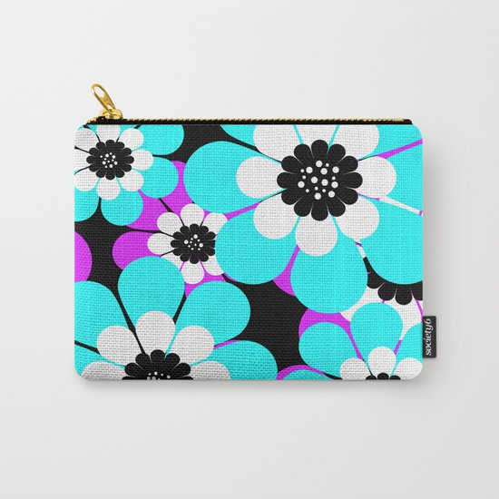The floral pattern . Purple and turquoise flowers on a black background . Carry-All Pouch