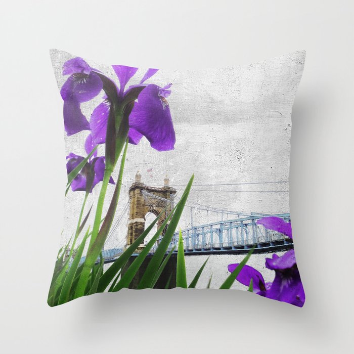 Roebling Suspension Bridge w Purple Iris Throw Pillow