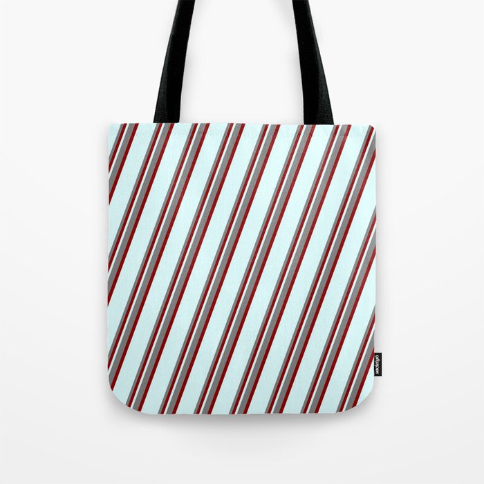 Grey, Dark Red & Light Cyan Colored Stripes/Lines Pattern Tote Bag