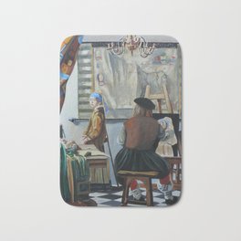 Vermeer paints 'The girl with a pearl earring' Bath Mat | Girl, Gordonbruceart, Painting, Pearlearring, Vermeer, Oil 