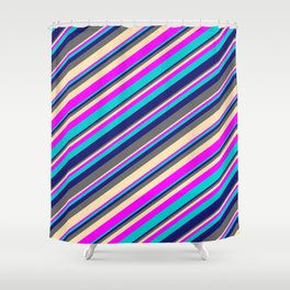 [ Thumbnail: Midnight Blue, Dim Gray, Beige, Fuchsia, and Dark Turquoise Colored Lines/Stripes Pattern Shower Curtain ]