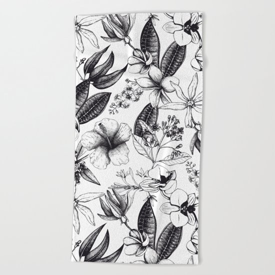 Black and White Vintage Tropical Flowers Pattern Beach Towel
