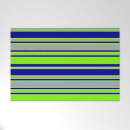[ Thumbnail: Green, Dark Grey & Dark Blue Colored Lines/Stripes Pattern Welcome Mat ]