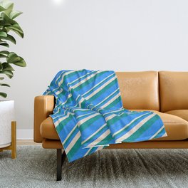 [ Thumbnail: Beige, Dark Cyan, and Blue Colored Lined Pattern Throw Blanket ]