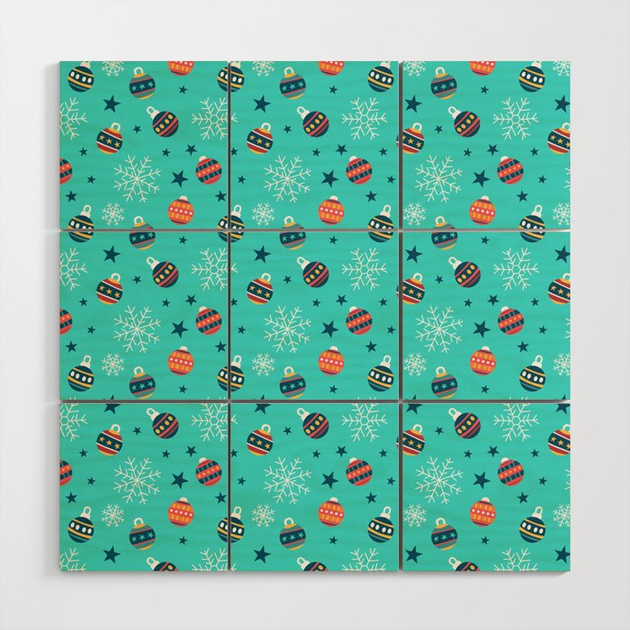 Christmas Pattern Turquoise Ornaments Wood Wall Art
