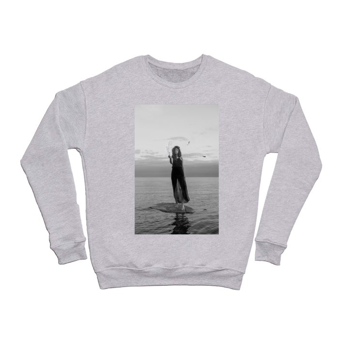 Waterfire; female on ocean water with fire black and white surreal photograph - photography - photographs Crewneck Sweatshirt