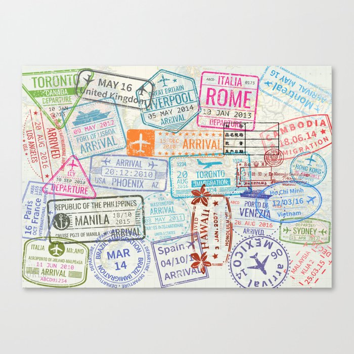 Vintage World Map with Passport Stamps Canvas Print