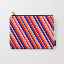 [ Thumbnail: Pink, Coral, Red, and Dark Blue Colored Pattern of Stripes Carry-All Pouch ]