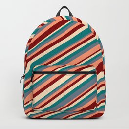 [ Thumbnail: Eye-catching Bisque, Teal, Slate Gray, Light Salmon & Dark Red Colored Stripes Pattern Backpack ]