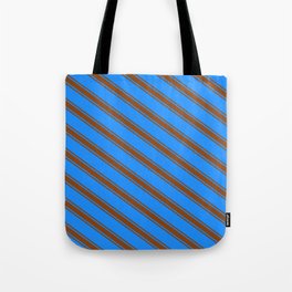 [ Thumbnail: Blue & Brown Colored Lined/Striped Pattern Tote Bag ]