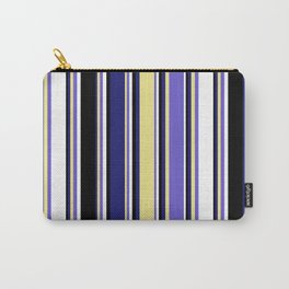 [ Thumbnail: Colorful Midnight Blue, Tan, Slate Blue, White, and Black Colored Lined/Striped Pattern Carry-All Pouch ]