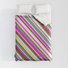 [ Thumbnail: Eye-catching Sea Green, White, Fuchsia, Pale Goldenrod, and Brown Colored Lined/Striped Pattern Duvet Cover ]
