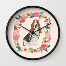 basset hound floral wreath dog gifts pet portraits Wall Clock