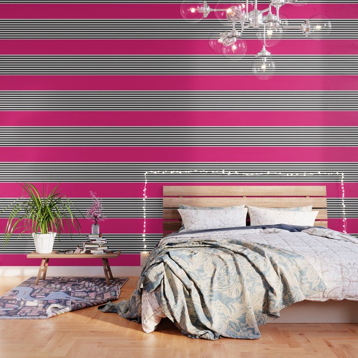 Hot Pink Magenta and Black and White Stripe Wallpaper