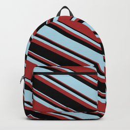 [ Thumbnail: Light Blue, Brown, and Black Colored Stripes/Lines Pattern Backpack ]