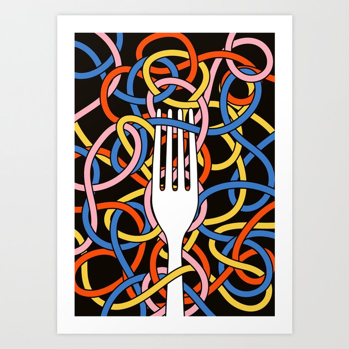 Knots - Memphis Milano Pasta Spaghetti Fork food graphic 80s 90s Kitchen Home Art Print
