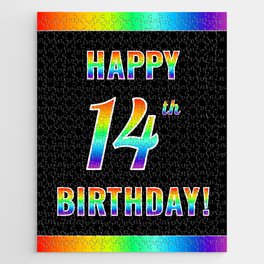 [ Thumbnail: Fun, Colorful, Rainbow Spectrum “HAPPY 14th BIRTHDAY!” Jigsaw Puzzle ]