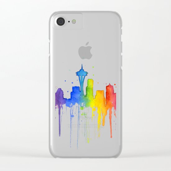 Seattle Skyline Rainbow Watercolor Clear iPhone Case