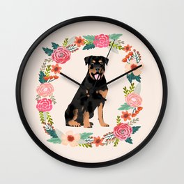 rottweiler floral wreath dog breed pet portrait pure breed dog lovers Wall Clock