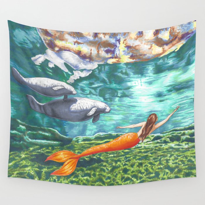 Swimming with Manatees Wall Tapestry