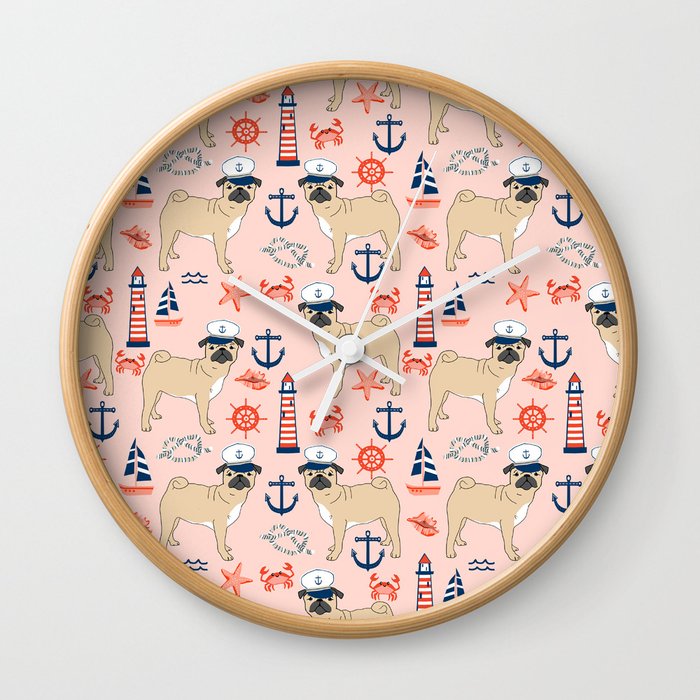 Pug nautical anchor sailing lighthouses dog breed pet portraits by pet friendly Wall Clock