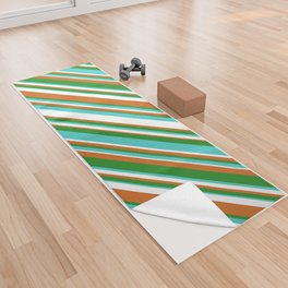 [ Thumbnail: Chocolate, Forest Green, Turquoise, and White Colored Stripes/Lines Pattern Yoga Towel ]