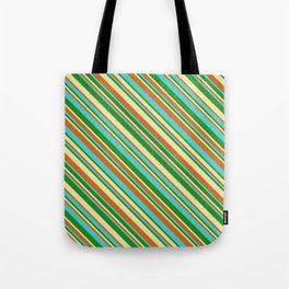[ Thumbnail: Pale Goldenrod, Chocolate, Turquoise & Forest Green Colored Lines Pattern Tote Bag ]