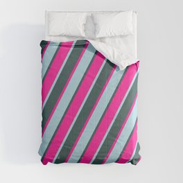 [ Thumbnail: Deep Pink, Light Blue & Dark Slate Gray Colored Lines Pattern Comforter ]