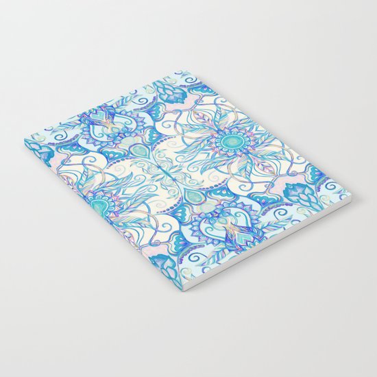 Teal Blue, Pearl & Pink Floral Pattern Notebook