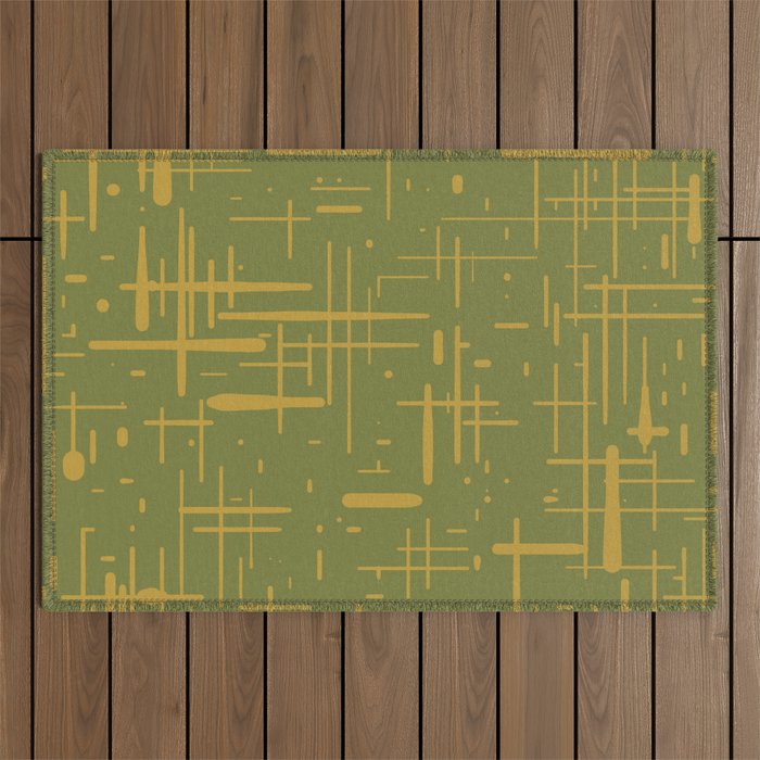Mid-Century Modern Kinetikos Pattern in Olive Green and Mustard Gold  Outdoor Rug