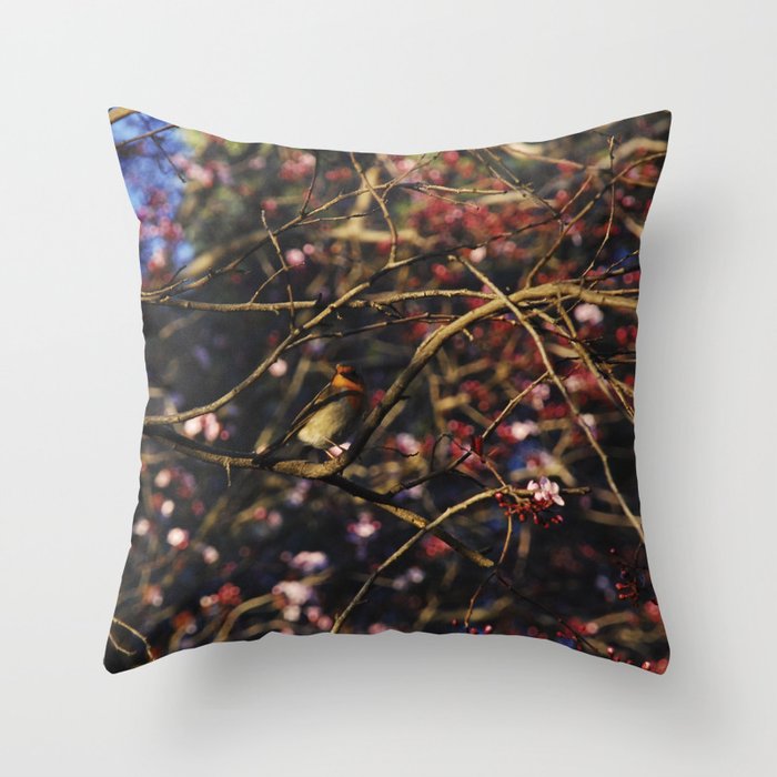 Robin in Cherry Tree Throw Pillow