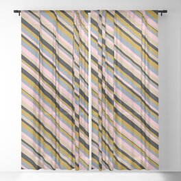 [ Thumbnail: Vibrant Light Slate Gray, Pink, Tan, Black, and Dark Goldenrod Colored Lined Pattern Sheer Curtain ]