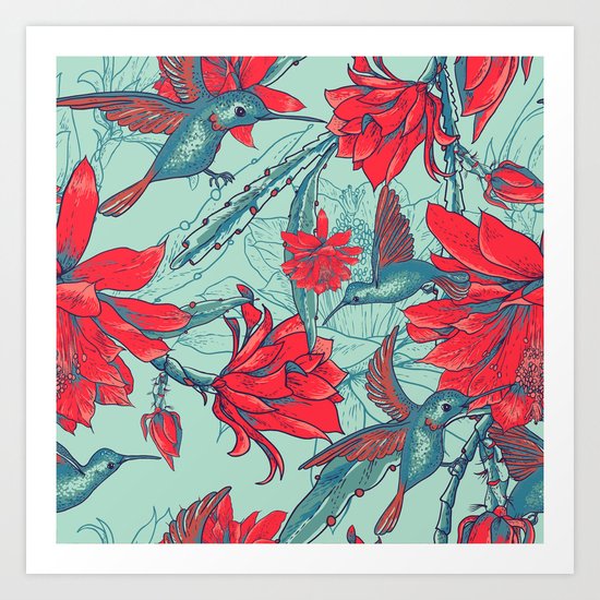 Flowers and Hummingbirds Art Print