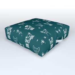 Teal Blue and White Hand Drawn Dog Puppy Pattern Outdoor Floor Cushion