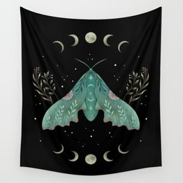 Luna and Moth - Midnight Black Wall Tapestry