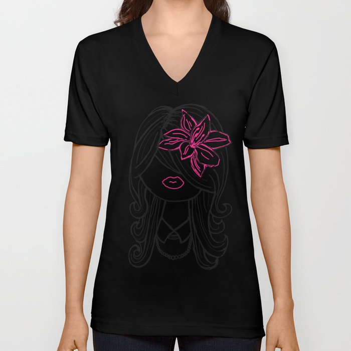 Pretty Hair Flower and Pearls V Neck T Shirt