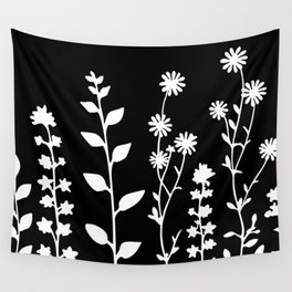 Minimalist Wildflower Meadow White On Black Wall Tapestry